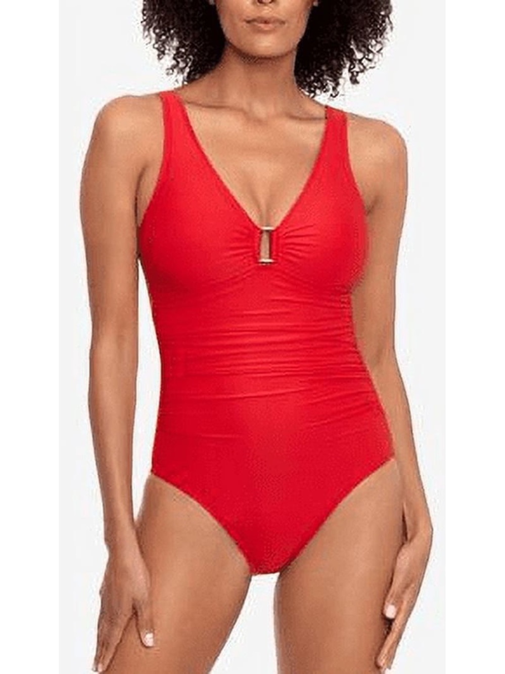 Lauren Ralph Lauren Red V-Neck One-Piece Swimsuit with Gold Accent